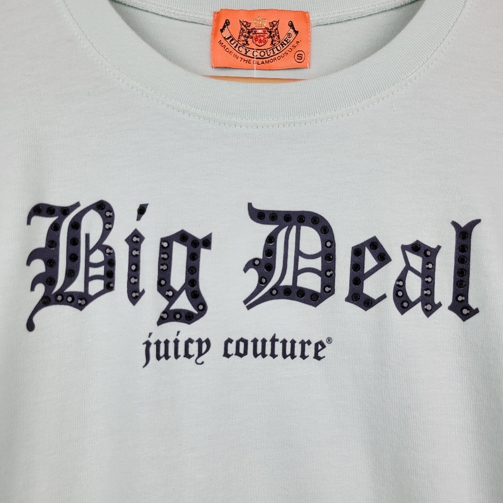 Juicy Couture Big Deal Rhinestone Graphic Baby Tee Size S Blue Mint Y2K Vintage - Picture 3 of 11